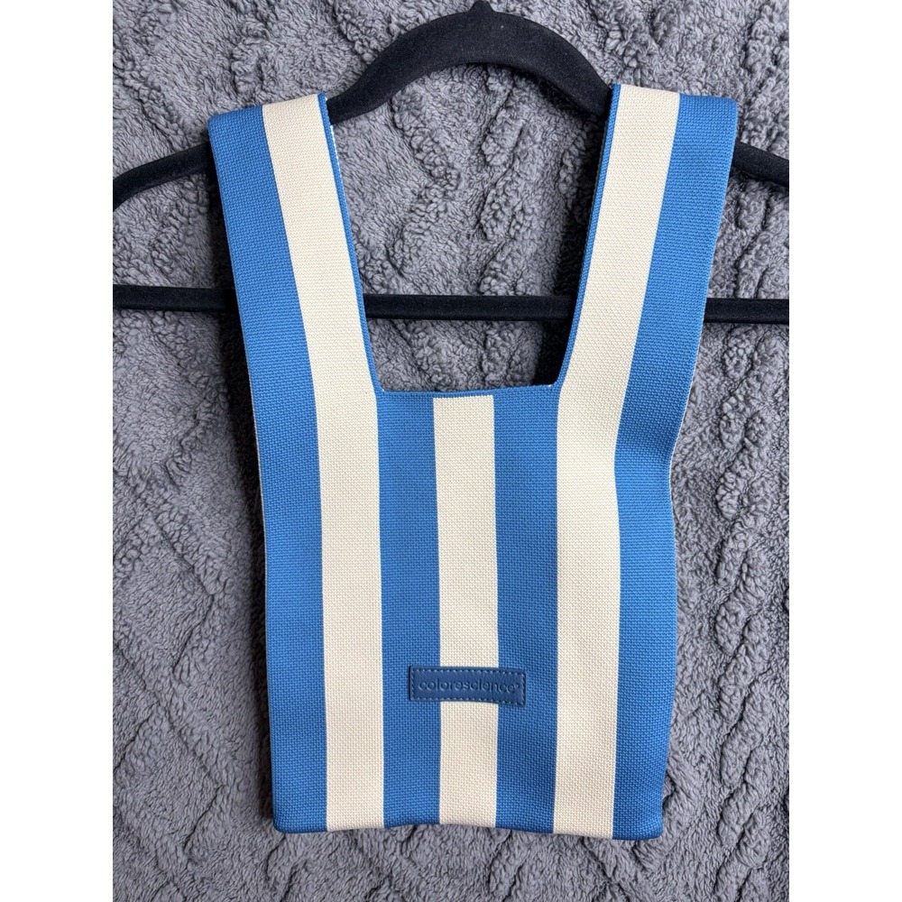 Colorescience Blue White Striped Knit Tote Bag Reusable Lunch Grocery Beach